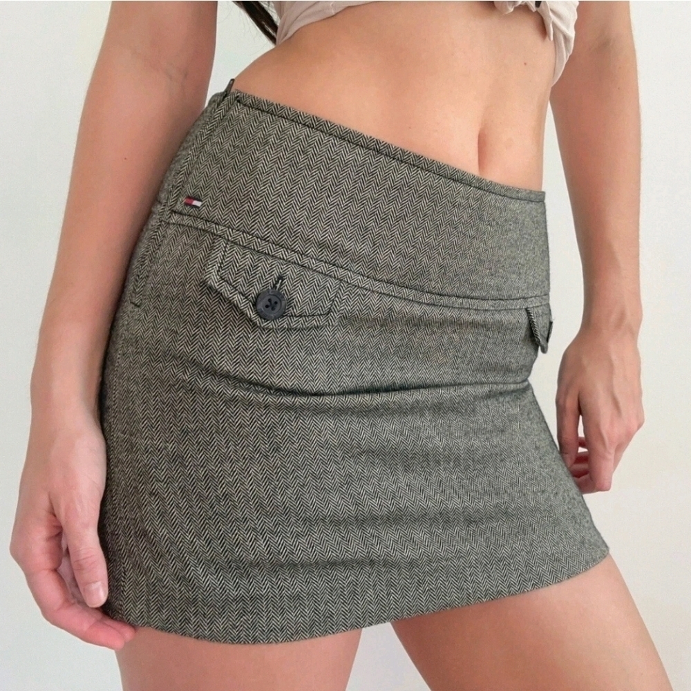 VTG Tommy Jeans Hilfiger Herringbone Mini Skirt Gray Wool Blend Lined Junior's 7